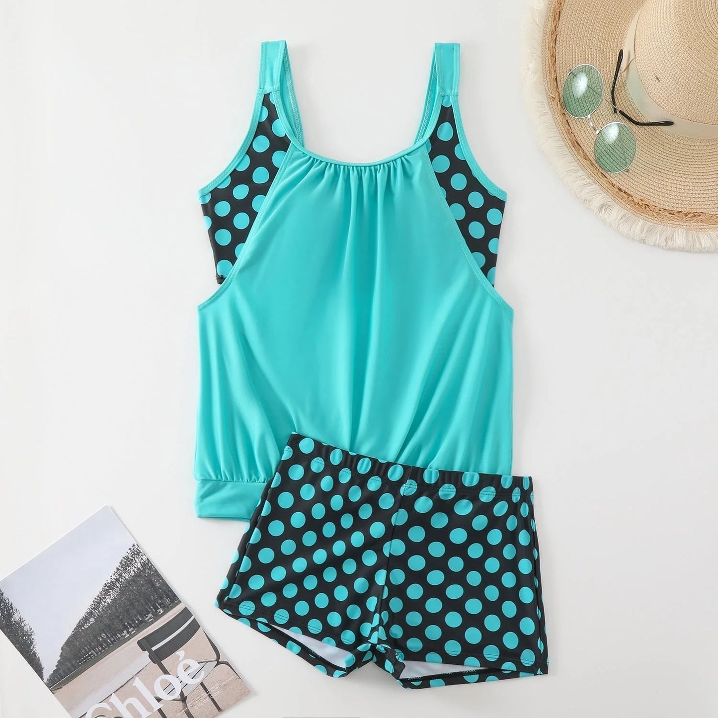 🥇👍Kiváló minőség, sok pozitív értékelés👙🌸 Pöttyös color-block kétrészes fürdőruha – Vidám stílus, finom ráncok, M–3XL-ig! 🌊✨