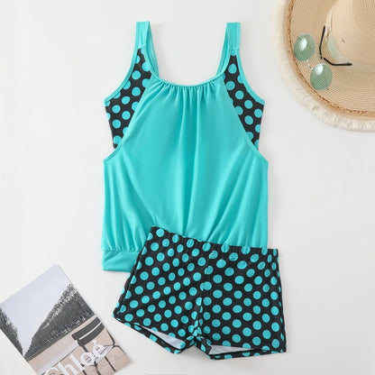🥇👍Kiváló minőség, sok pozitív értékelés👙🌸 Pöttyös color-block kétrészes fürdőruha – Vidám stílus, finom ráncok, M–3XL-ig! 🌊✨