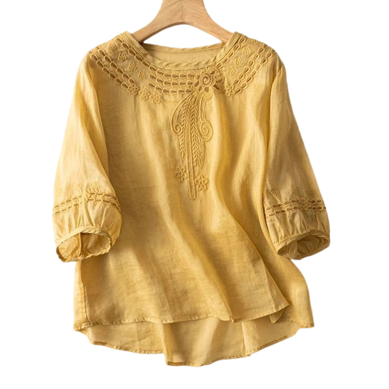 📿Ingyenes gyönyörű nyaklánc🌸 Gyönyörű hímzés és kivágások – Elegáns környakkivágás, laza lengő szabás – 👚Lélegző pamut-len keverék!