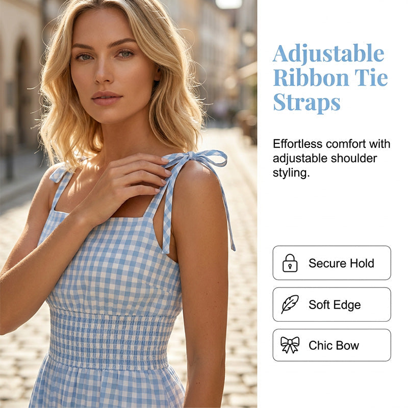 ⏰💥45% árcsökkentés👗 Könnyed vintage gingham nyári ruha🎀 Smockolt felsőrész + állítható kötőpántok 🌬️Prémium légáteresztő anyag！
