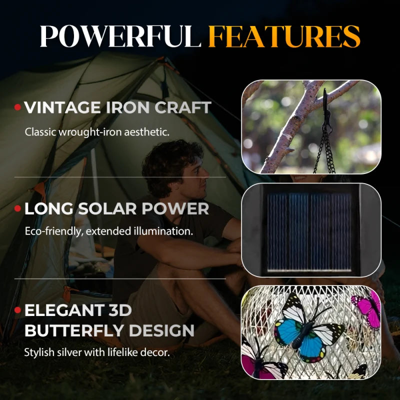 🌞🕯️ Solar Art napelemes függőlámpa – Vintage stílus, 3D pillangódíszekkel, 6–12 óra világítás! 🌿✨