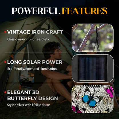 🌞🕯️ Solar Art napelemes függőlámpa – Vintage stílus, 3D pillangódíszekkel, 6–12 óra világítás! 🌿✨