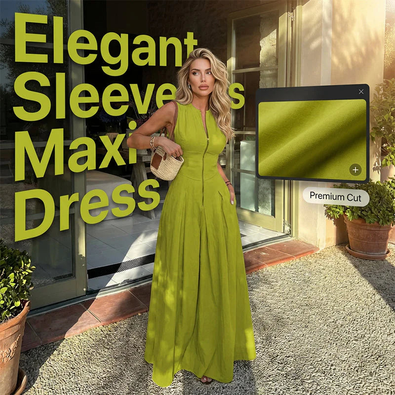 🎁Ingyenes ajándék -📿Gyönyörű nyaklánc🌿 Légies A-vonalú hosszú ruha✨ Ujjatlan plisszírozott maxi ruha – Magas derékú, elöl cipzáros elegáns női viselet!