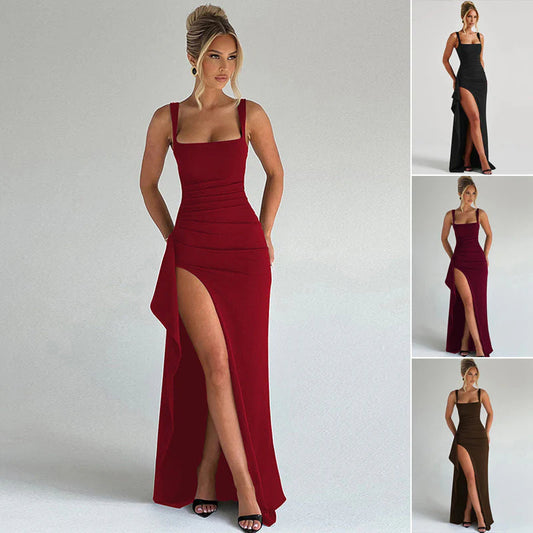 🎁Ingyenes ajándék-📿Gyönyörű nyaklánc❤️Légáteresztő spandex alkalmi ruha✨Négyzetnyakú testhezálló ruha – Magas oldalsó hasíték, tökéletes homokóra sziluett！