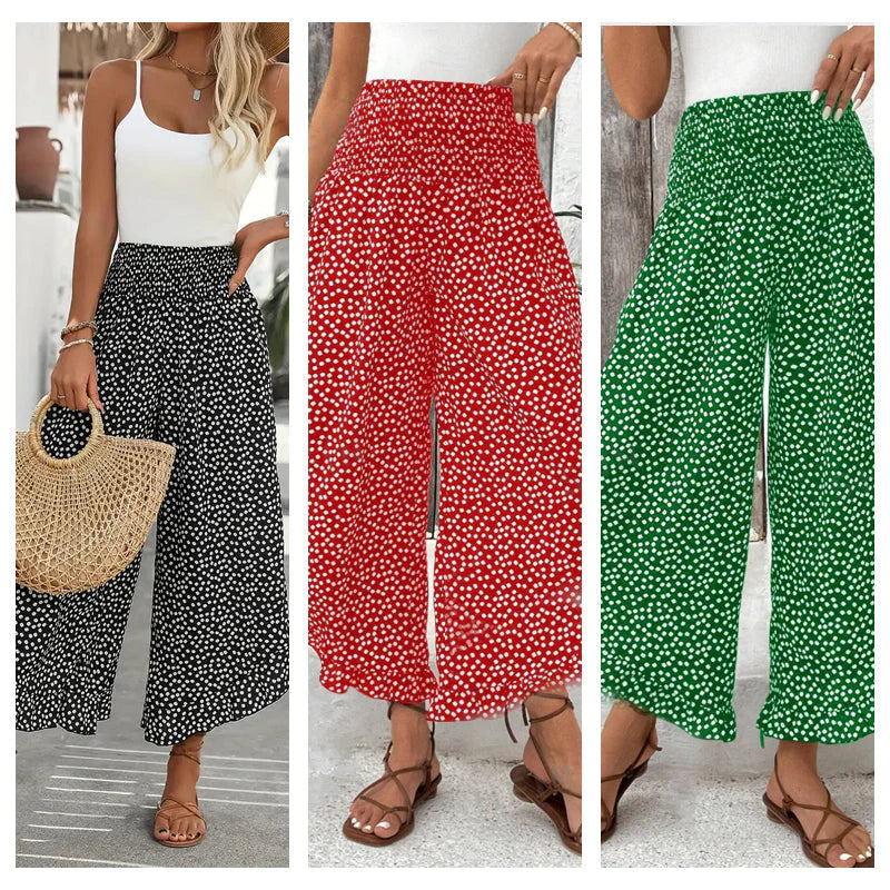 🎁Ingyenes ajándék-📿Gyönyörű nyaklánc💥50% árcsökkentés🌴Ruffle szegélyes trópusi nadrág🌺Pöttyös széles szárú női nadrág – Magas smockos derék, légáteresztő nyári kényelem！