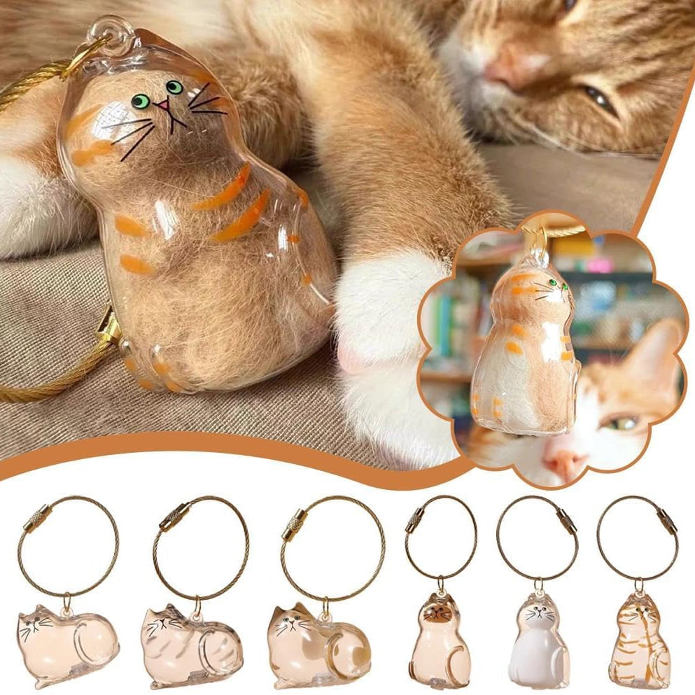 🐱💕 Macska alakú emlék kulcstartó – Átlátszó szőrtároló kapszulával, hordozható, 6 stílusban! 🌈✨