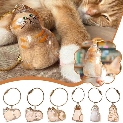 🐱💕 Macska alakú emlék kulcstartó – Átlátszó szőrtároló kapszulával, hordozható, 6 stílusban! 🌈✨