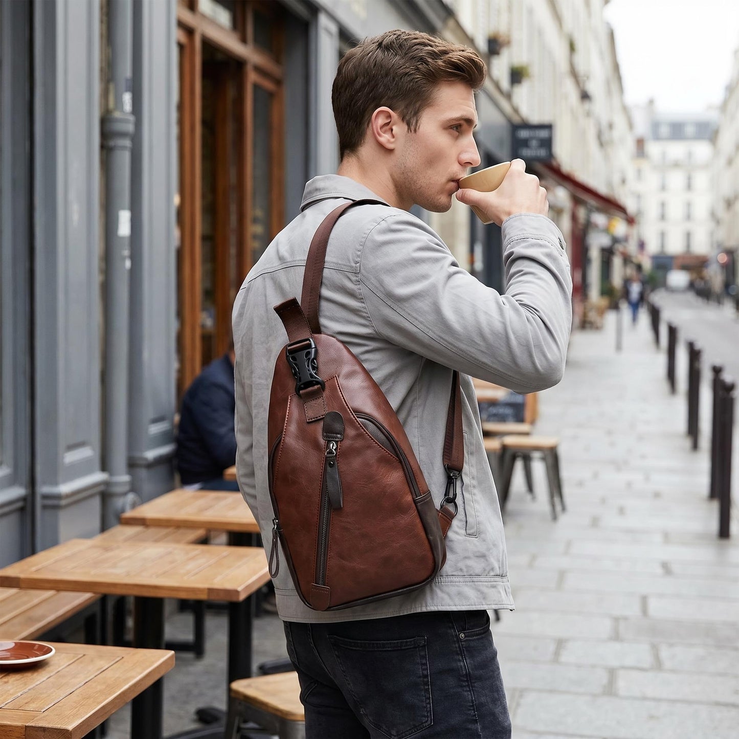 👝 Premium PU bőr mellkasi táska – Több rekesz, állítható vállpánt 🎒Mellkasként, válltáskaként vagy kézitáskaként