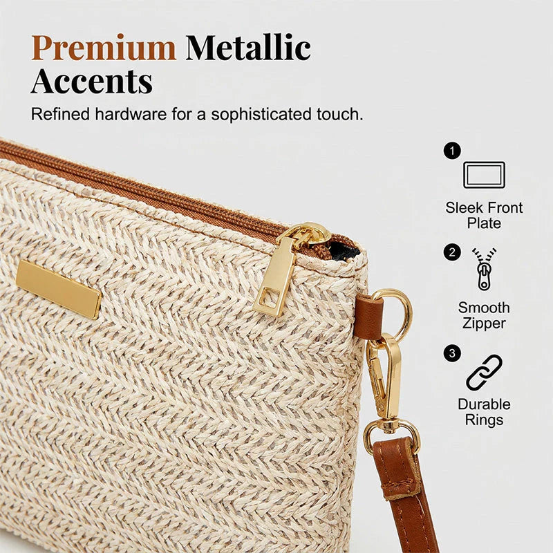 👜✨  Könnyű nyári szőtt válltáska🌾Prémium texturált felület, arany színű cipzá🌸Állítható pánt