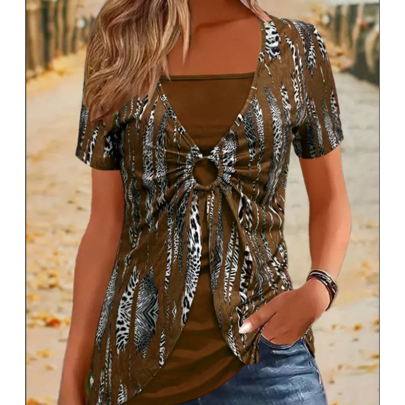 🎁Ingyenes ajándék -📿Gyönyörű nyaklánc✨ Kétrészes hatású rövid ujjú felső🐆 Retro leopárd mintás felső – Négyzetes nyakkivágás, egyedi stílus!