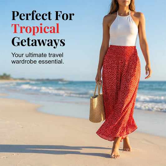 🎁Ingyenes ajándék-📿Gyönyörű nyaklánc💥50% árcsökkentés🌴Ruffle szegélyes trópusi nadrág🌺Pöttyös széles szárú női nadrág – Magas smockos derék, légáteresztő nyári kényelem！