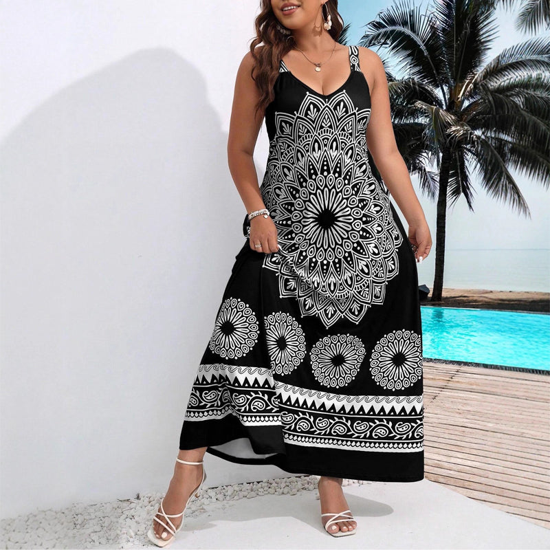 ⏰Az utolsó 50 darab!!!-🎁Ingyenes ajándék -📿Gyönyörű nyaklánc✨ Fekete strandruha estélyi öltözzé válik🖤 Mandala mintás bohém maxi ruha – Állítható cami pánt, kényelmes és nőies!