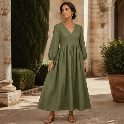 🌸👗 Lenvászon keverék V-nyakú ruha – Laza folyós szabás, puffos ujjakkal, S–2XL-ig! ✨💃
