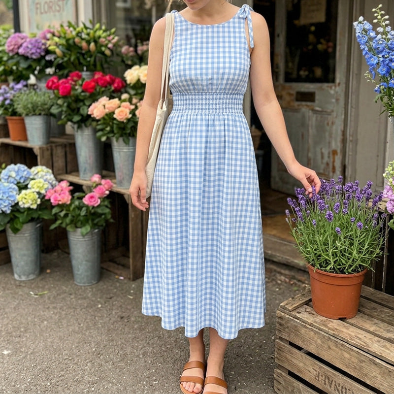 ⏰💥45% árcsökkentés👗 Könnyed vintage gingham nyári ruha🎀 Smockolt felsőrész + állítható kötőpántok 🌬️Prémium légáteresztő anyag！