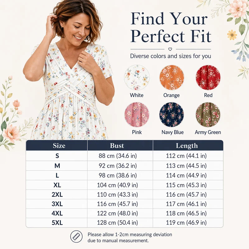 🎁Ingyenes gyönyörű nyaklánc👗🌸 Virágmintás midi ruha– V-nyak, crossover elöl, elegáns drapírozás – Oldalzsebekkel, puha és légáteresztő anyagból 🌿✨