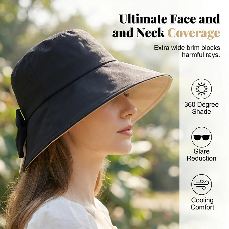 🏖️Napvédő nyaralócsomag🎁Ingyenes napszemüveg🕶️🌞 Védje arcát és nyakát a naptól – 👒Női széles karimájú, összehajtható napkalap masnival！