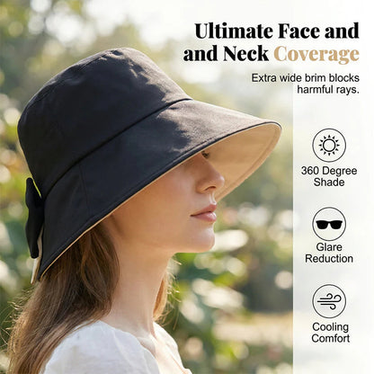 🏖️Napvédő nyaralócsomag🎁Ingyenes napszemüveg🕶️🌞 Védje arcát és nyakát a naptól – 👒Női széles karimájú, összehajtható napkalap masnival！