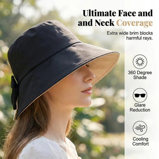 🏖️Napvédő nyaralócsomag🎁Ingyenes napszemüveg🕶️🌞 Védje arcát és nyakát a naptól – 👒Női széles karimájú, összehajtható napkalap masnival！