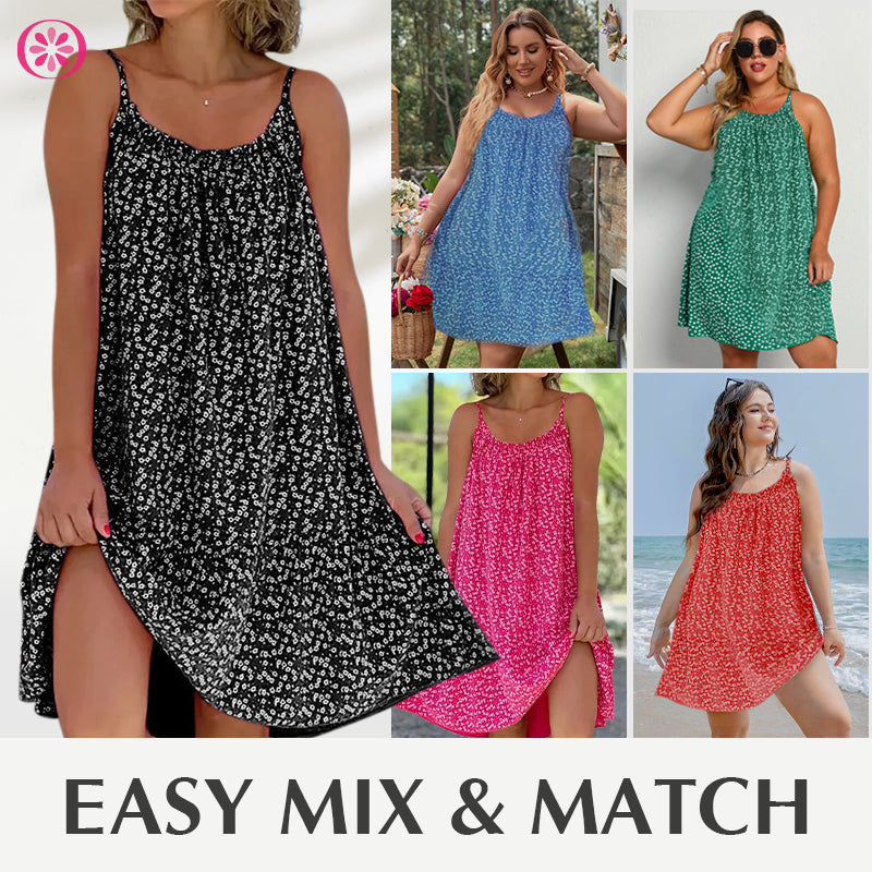 🎁Ingyenes ajándék -📿Gyönyörű nyaklánc🌿 Térdig érő laza camisole ruha🌸 CamiBloom virágmintás spagetti pántos ruha – Jégselyem anyag, állítható pántok, nyári kényelem!