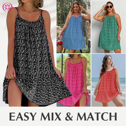 🎁Ingyenes ajándék -📿Gyönyörű nyaklánc🌿 Térdig érő laza camisole ruha🌸 CamiBloom virágmintás spagetti pántos ruha – Jégselyem anyag, állítható pántok, nyári kényelem!