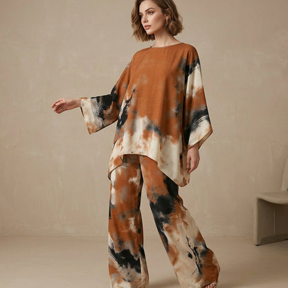 🎁Ingyenes ajándék🍂 Barna árnyalatú női összeillő szett🎨 Absztrakt művészi mintás kétrészes szett – Laza oversize szabás, nyári légies viselet!