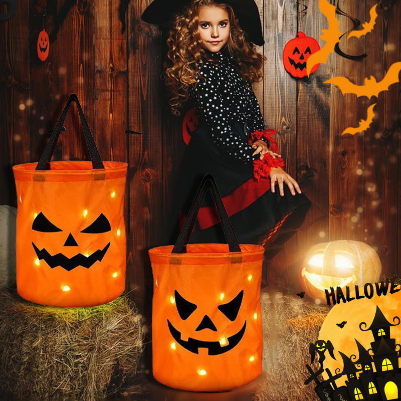 🎃✨Világító tök alakú édességes táska – LED-del, tágas belsővel – Tökéletes Halloweenre! 🍬👻