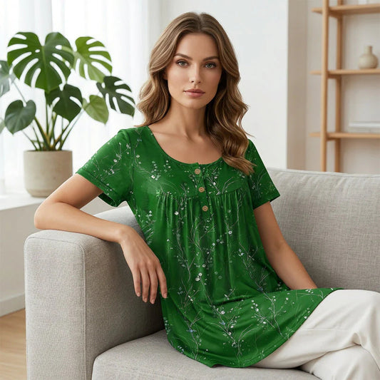 📢📢54 %-os kedvezmény!! 🌸👚Női plisszált tunika virágmintával -  Birodalmi derékvonal, fából készült gombok, könnyű anyag! ✨💫