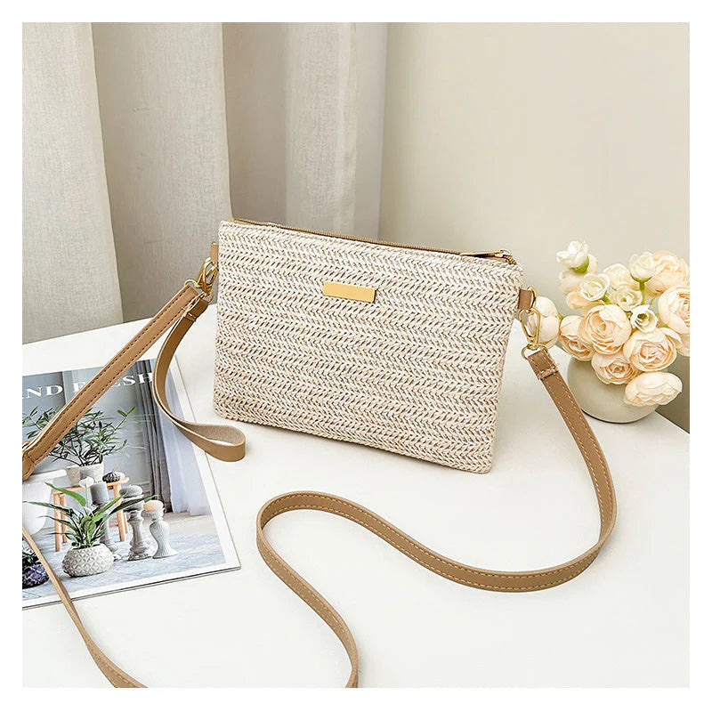 👜✨  Könnyű nyári szőtt válltáska🌾Prémium texturált felület, arany színű cipzá🌸Állítható pánt