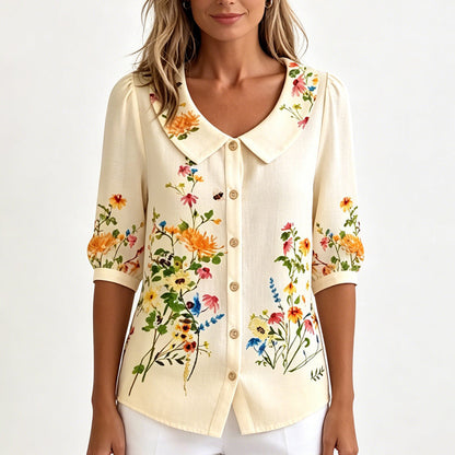 🌸 Virágmintás női blúz👚 Galléros félhosszú ujjú felső– Vintage stílus, széles méretválaszték!