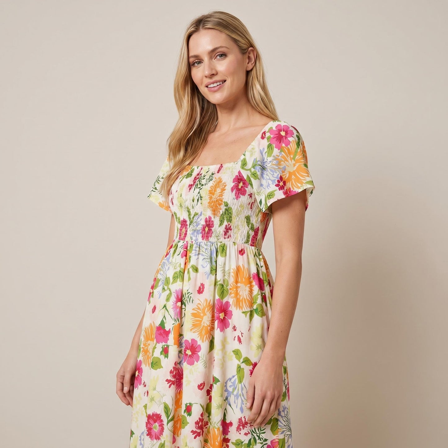 🎁Ingyenes ajándék🌸 Virágmintás midi ruha – Négyszögletű nyakkivágás + smockolt derék, ami téged néz ki！