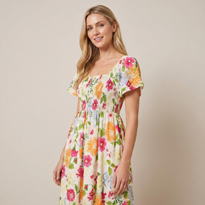🎁Ingyenes ajándék🌸 Virágmintás midi ruha – Négyszögletű nyakkivágás + smockolt derék, ami téged néz ki！