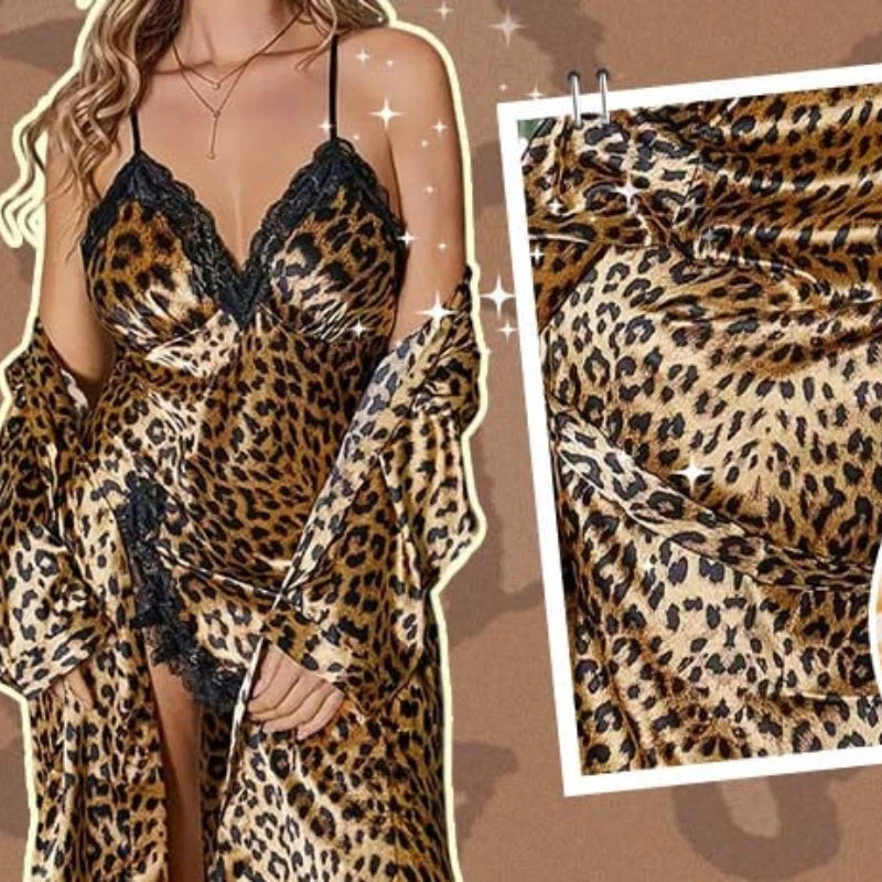 🐆Leopárdmintás Hálóruha Szett – Puha Poliészter + Köntös+Hálóing!