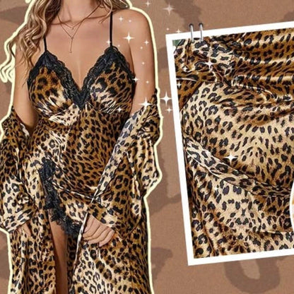 🐆Leopárdmintás Hálóruha Szett – Puha Poliészter + Köntös+Hálóing!