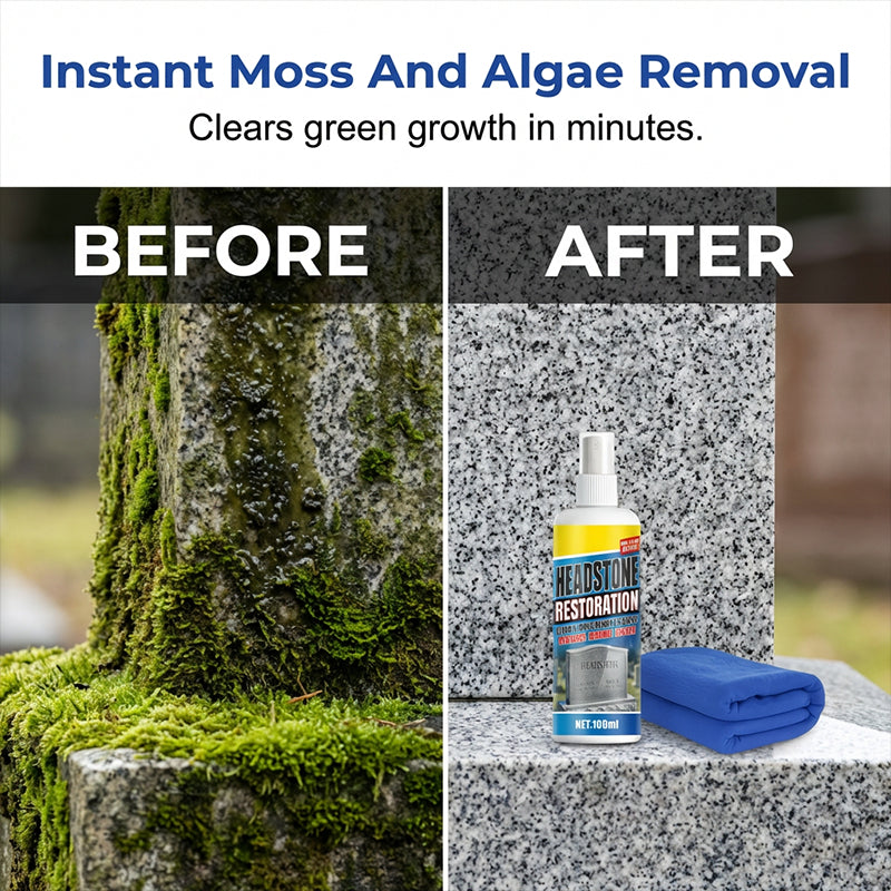 🔥1+1 ingyenes⚰️Kőfelület helyreállító permet🪨Sírkő tisztító és helyreállító spray – Moha, alga és makacs foltok eltávolítása kíméletesen!