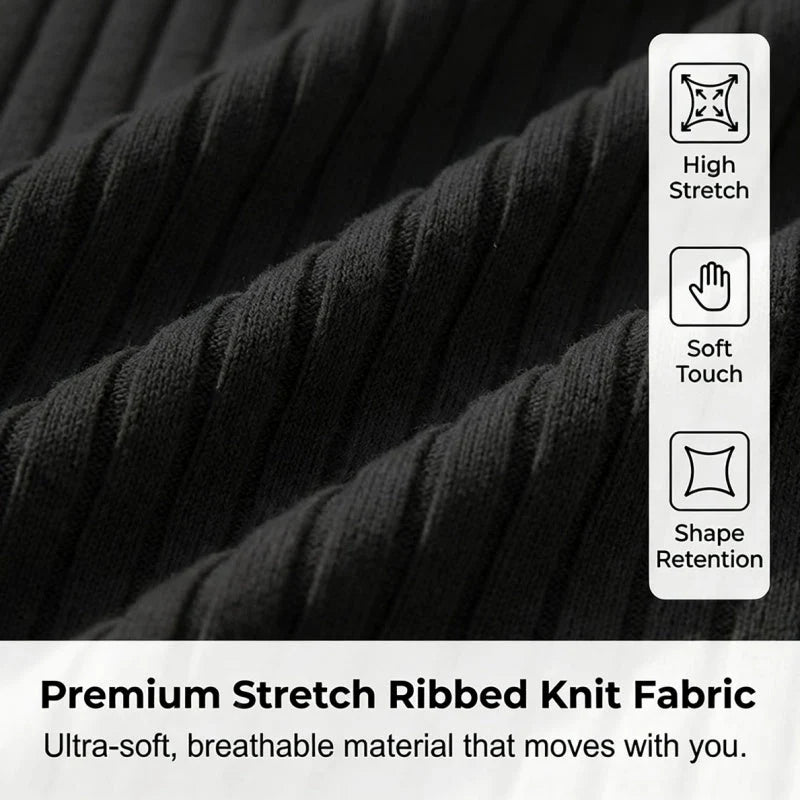🎁Ingyenes ajándék-📿Gyönyörű karkötő✨ Bordás kötött prémium felső👕 Sportos sziluettű férfi póló – Állítható gallér + negyedzipper, sokoldalú mindennapokra!