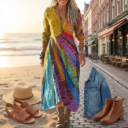 🎉💥50% árcsökkentés😍2026 tavaszi újdonságok✨ V-nyakú hosszú ujjas modell🌈 Patchwork nyomtatott női ruha – Egyedi művészi stílus, élénk színekkel!