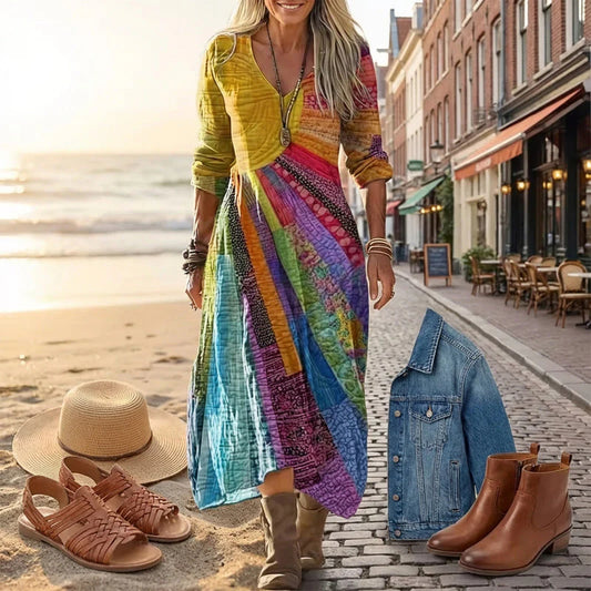 🎉💥50% árcsökkentés😍2026 tavaszi újdonságok✨ V-nyakú hosszú ujjas modell🌈 Patchwork nyomtatott női ruha – Egyedi művészi stílus, élénk színekkel!