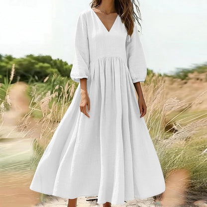 🌸👗 Lenvászon keverék V-nyakú ruha – Laza folyós szabás, puffos ujjakkal, S–2XL-ig! ✨💃