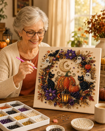🎃✨ Halloween-i 3D gyöngyös mozaik készlet – Aranyos szellemek, tökök és félhold – Kezdőknek is! 👻🖼️