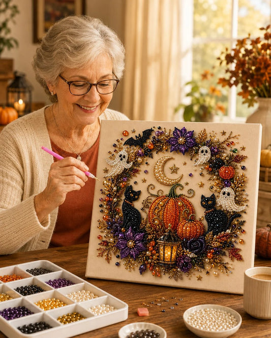 🎃✨ Halloween-i 3D gyöngyös mozaik készlet – Aranyos szellemek, tökök és félhold – Kezdőknek is! 👻🖼️