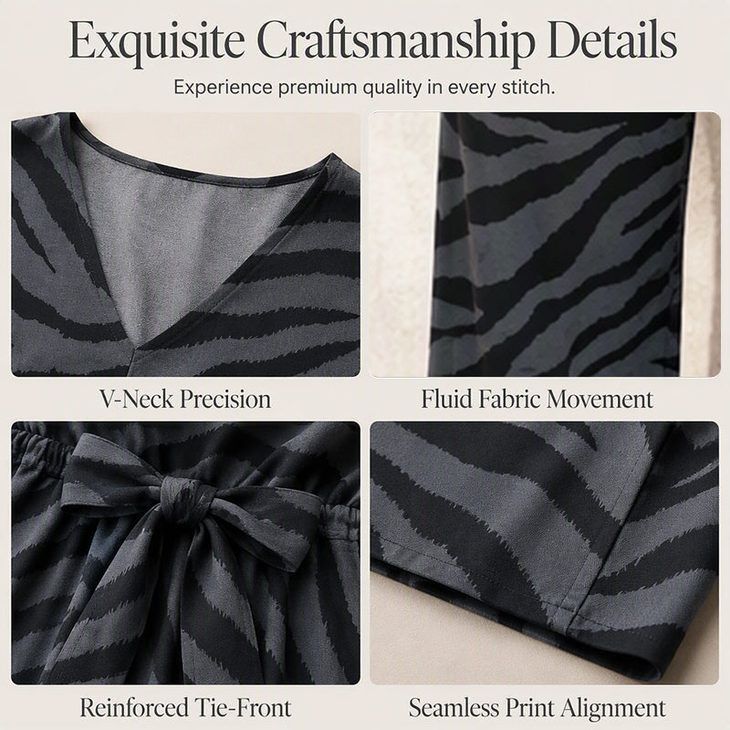 👗🦓 Zebramintás modern szett – Elöl megkötős felső, széles szárú nadrág, lélegző poliészter-viszkóz keverék! ✨💃