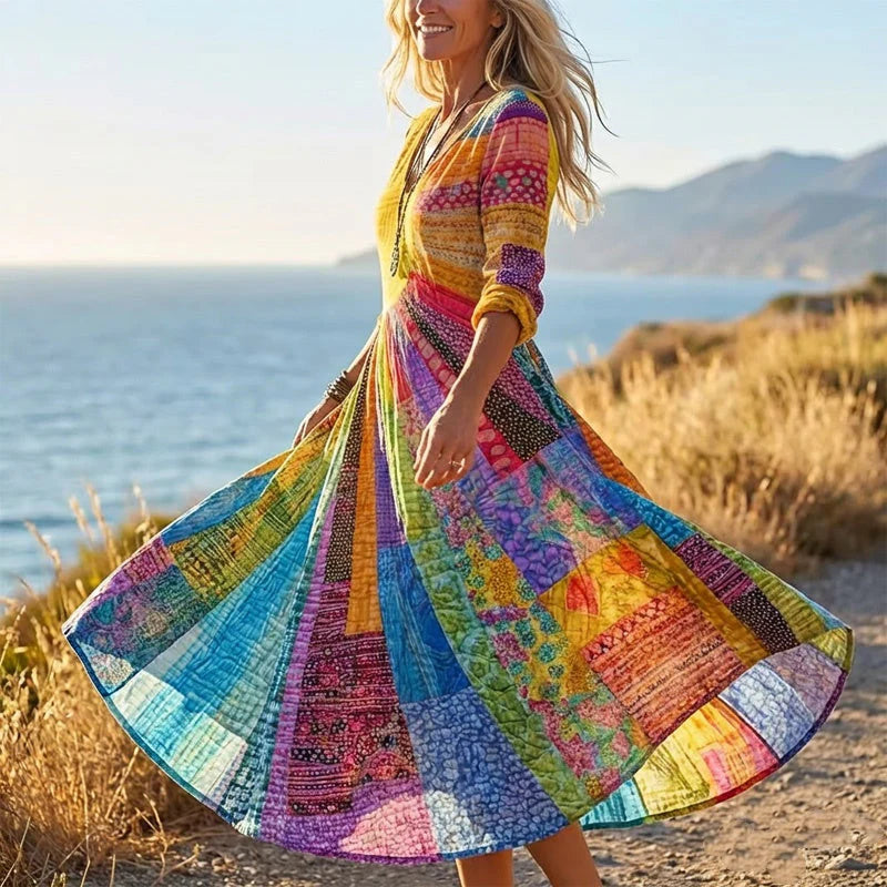 🎉💥50% árcsökkentés😍2026 tavaszi újdonságok✨ V-nyakú hosszú ujjas modell🌈 Patchwork nyomtatott női ruha – Egyedi művészi stílus, élénk színekkel!