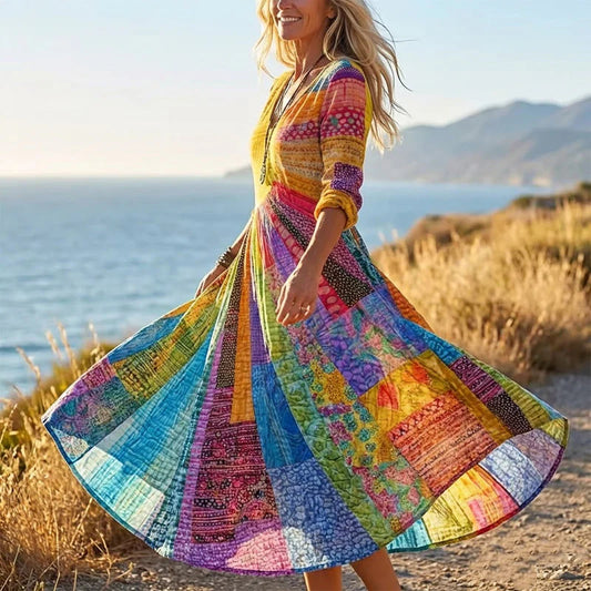 🎉💥50% árcsökkentés😍2026 tavaszi újdonságok✨ V-nyakú hosszú ujjas modell🌈 Patchwork nyomtatott női ruha – Egyedi művészi stílus, élénk színekkel!
