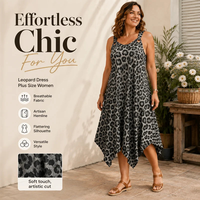 👗🐆 Leopard mintás plus size ruha – Ujjatlan, szabálytalan szegéllyel, laza szabással, 1XL–5XL-ig! ✨💃