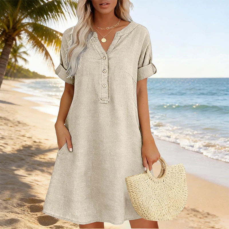 🎁📿Ingyenes gyönyörű nyaklánc🏖️AKCIÓ: 50% KEDVEZMÉNY! 👗 Női V-nyakú tunika ruha – laza szabás, zsebekkel és lélegző anyagból！