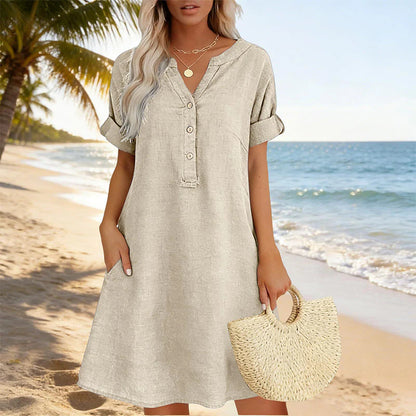 🎁📿Ingyenes gyönyörű nyaklánc🏖️AKCIÓ: 50% KEDVEZMÉNY! 👗 Női V-nyakú tunika ruha – laza szabás, zsebekkel és lélegző anyagból！