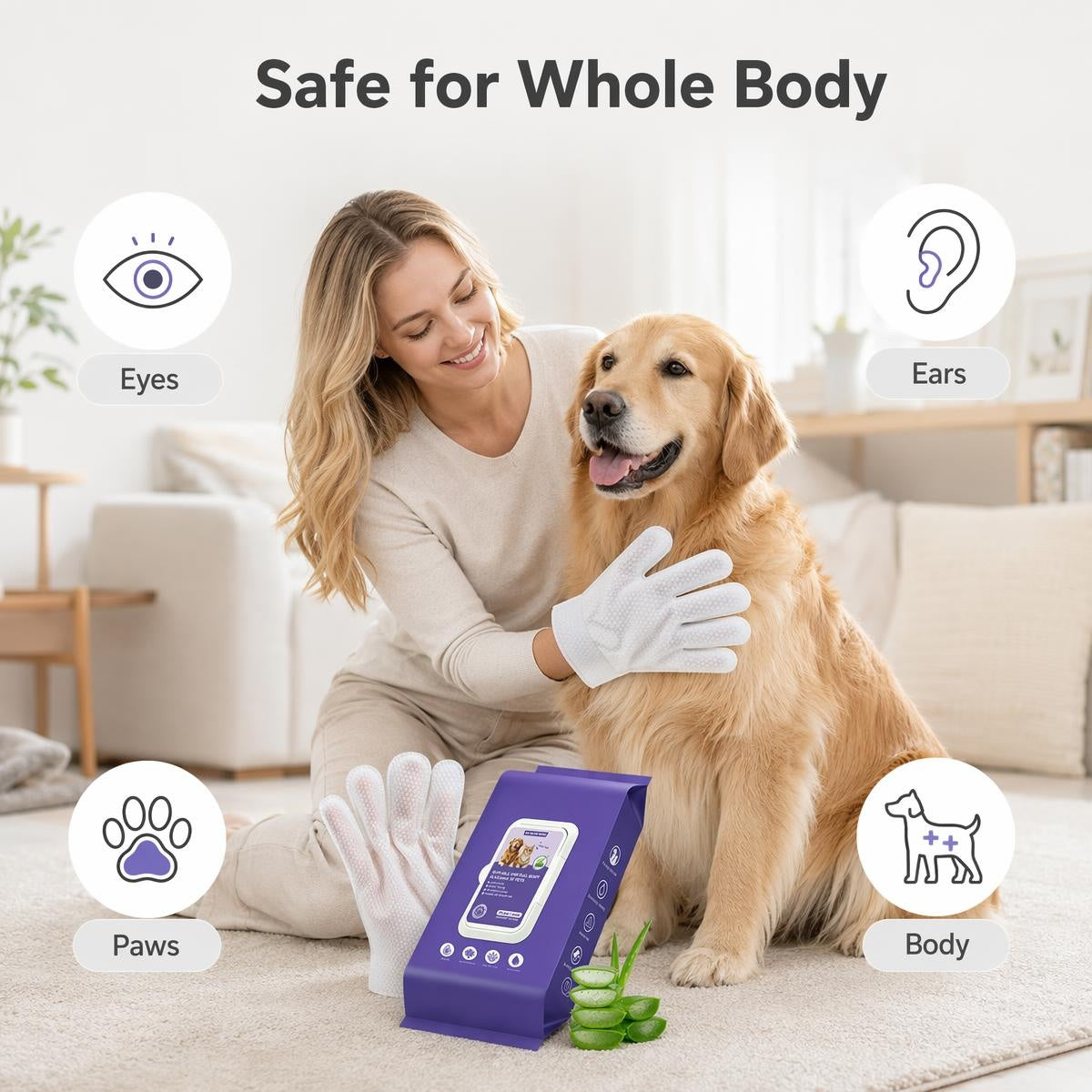 🐕🧤 Öblítés nélküli tisztítókesztyű – Texturált gyöngyházfelület, alkohol- és fehérítőmentes, teljes testre! 🐱✨