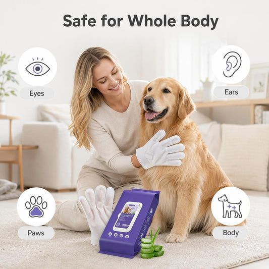 🐕🧤 Öblítés nélküli tisztítókesztyű – Texturált gyöngyházfelület, alkohol- és fehérítőmentes, teljes testre! 🐱✨