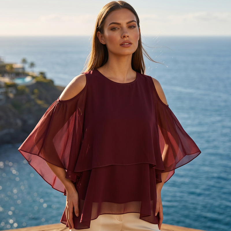 👗🌸 Chiffon poncho cold-shoulder felső –  Cold-shoulder kivágás, folyós szabás, S–3XL-ig, 5 színben! ✨💫