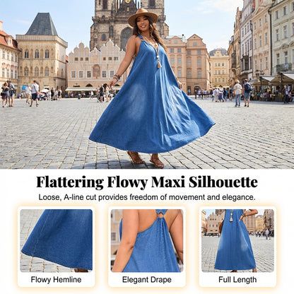 🎁Ingyenes ajándék -📿Gyönyörű nyaklánc☀️ Légáteresztő könnyű denim öltözet✨ Mély V-nyakú farmer maxi ruha – Racerback gyűrűs részlettel, francia elegancia!
